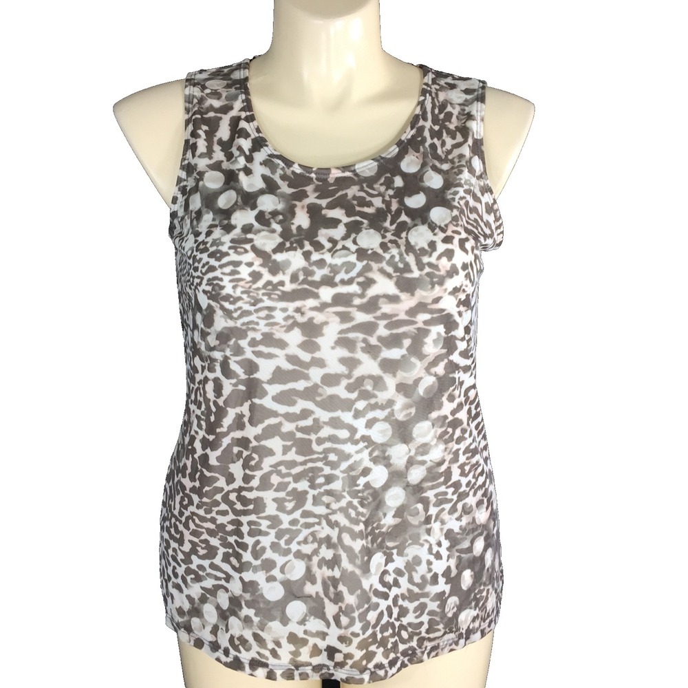 Chicos Travelers Top LARGE Off White Gray Taupe Watercolor Dot Blouse Career
